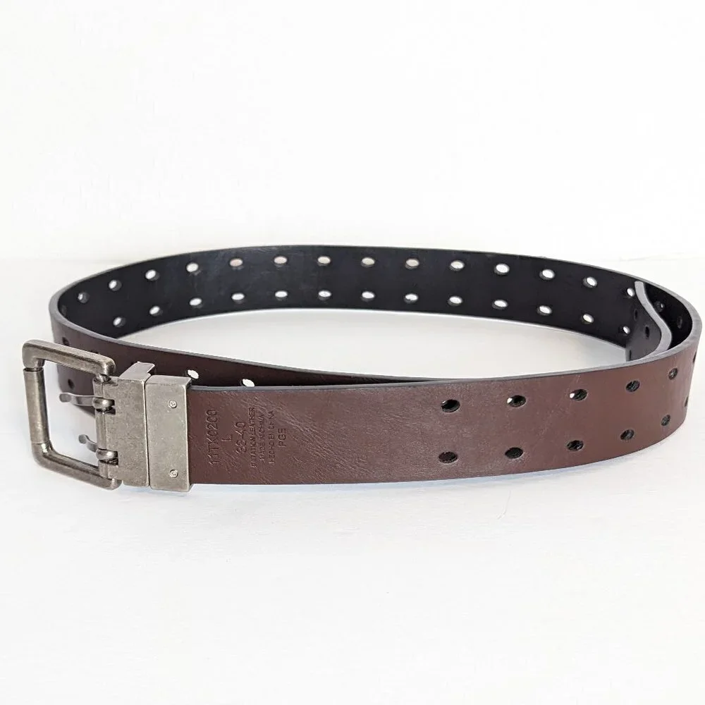 PGE Reversible Belt Black Brown‎ Accent Holes 2 Prong Silver Hardware Vegan
